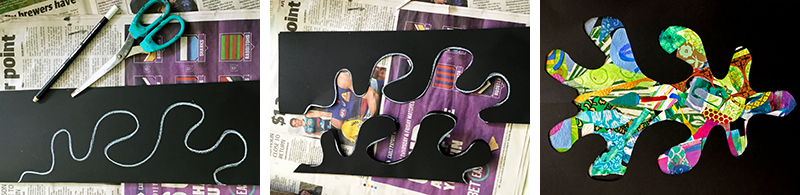 Step 7-9: Drawing a single-line shape, cutting on the fold to reveal a negative space stencil, and placing over top of collage Ever Changing Collage Panel3 800x195