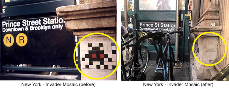 Before and After photographs showing missing Invader Mosaic in New York location. Image source provided below Invader NYC Before After 800x312