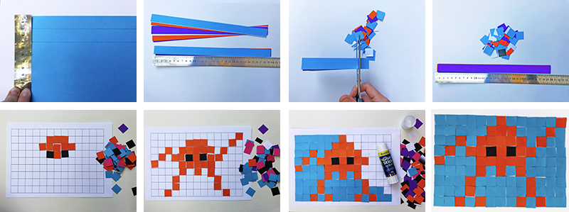 Step by Step guide to making Space Invader mosaic by Dee Zabel Invader Mosaic All Steps 800x299