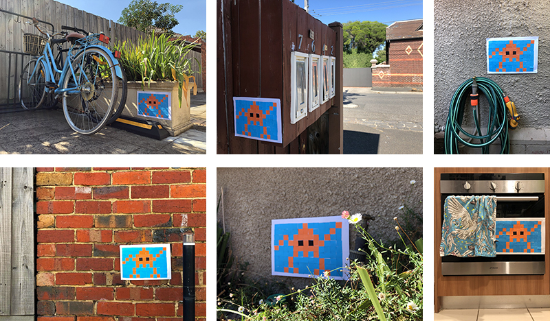 Space Invader mosaic displayed around the home / garden by Dee Zabel Invader Mosaic Extension Examples 800x468