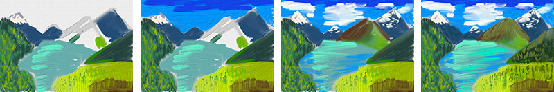 Process of painting a mountain lake landscape by Dee Zabel Ipad Landscapes Panel Mountains 800x133