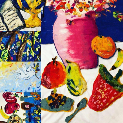 collage of student artwork showing bright still life, images of faith and nature.