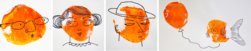Step 7: Drawing over the top of dried prints to create faces and characters Lower Primary Printing Step 7a 800x163