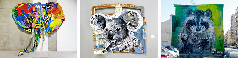Reference Images of Bordalo II's artwork: Elephant, Koala, Racoon Street Art Collage Reference Images X3 800x195