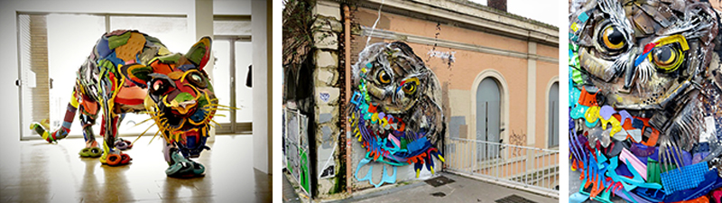 Reference Images of Bordalo II's artwork: 3D Sculpture, Owl 1, Owl 2 Street Art Collage Reference Images X3 800x225