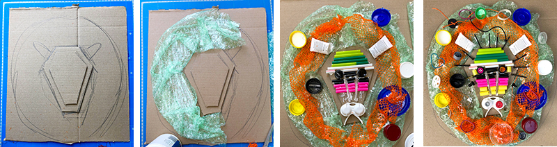 Steps 4-7: Preparing a background, building your base and structure with cardboard and recycled materials. Street Art Collage Steps 1 4 800x212
